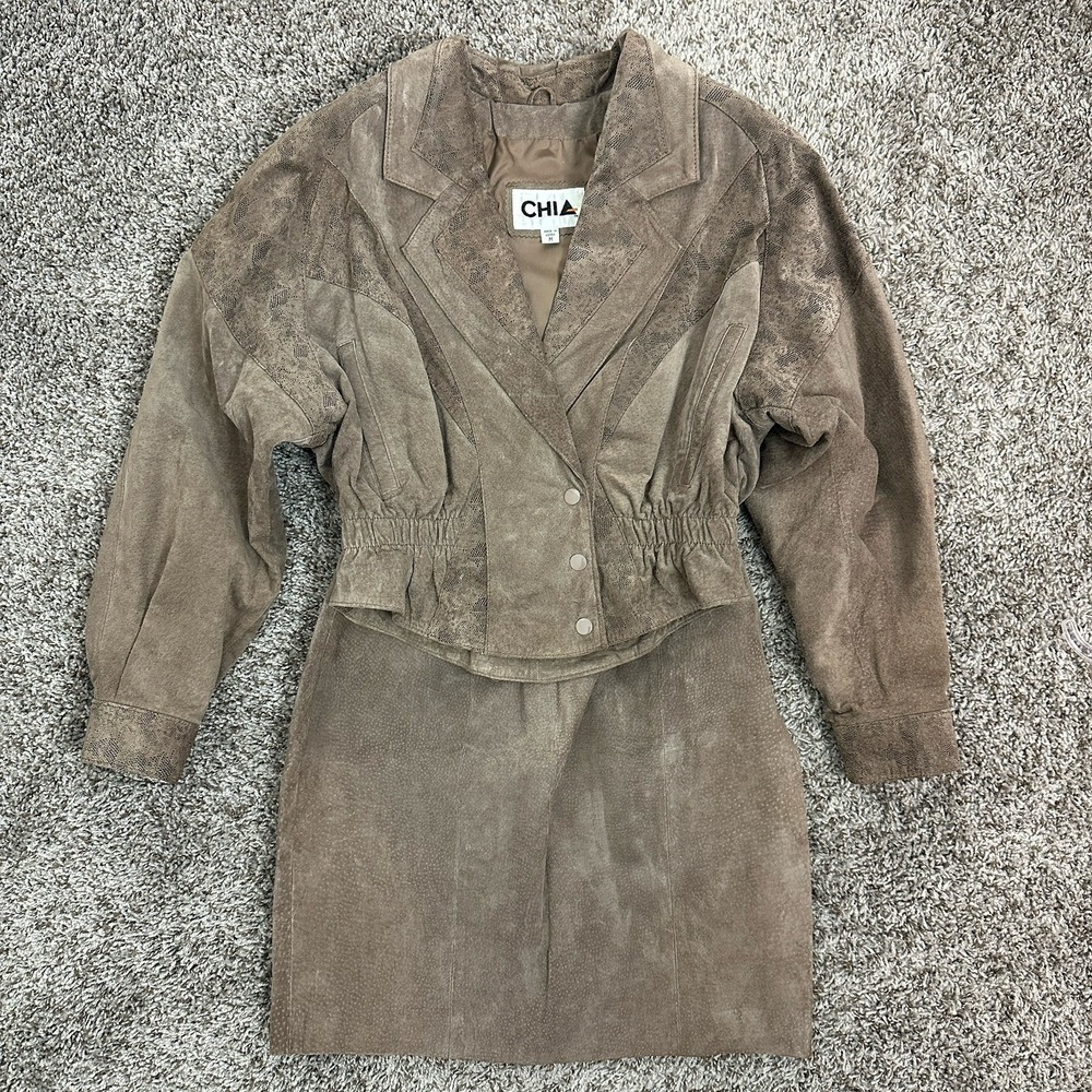 Vintage 80s Chia Brown Suede Leather Jacket And Skirt 2 Piece Set Med & 10